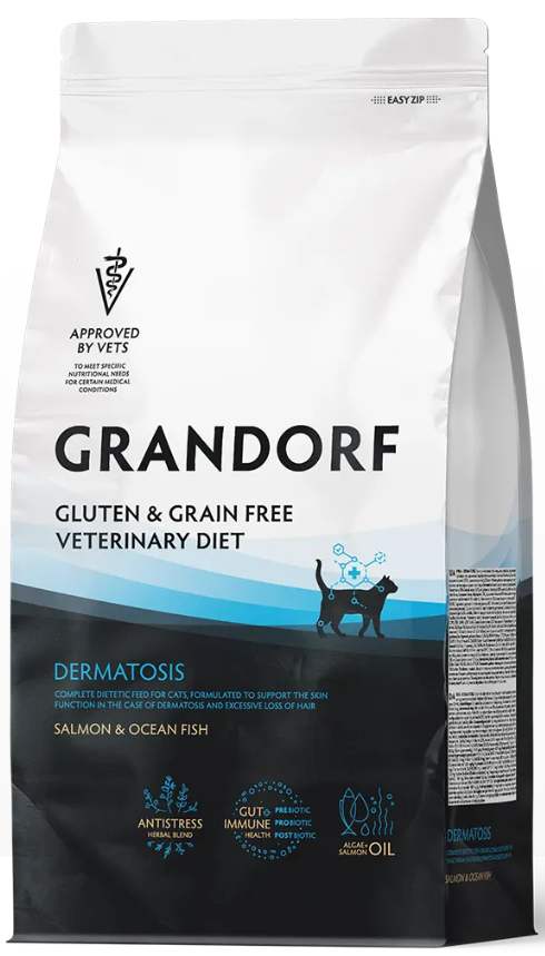 Корм Grandorf VET DERMATOSIS предназначенный для поддержания защитных функций кожи при дерматозах и чрезмерном выпадении шерсти для кошекn