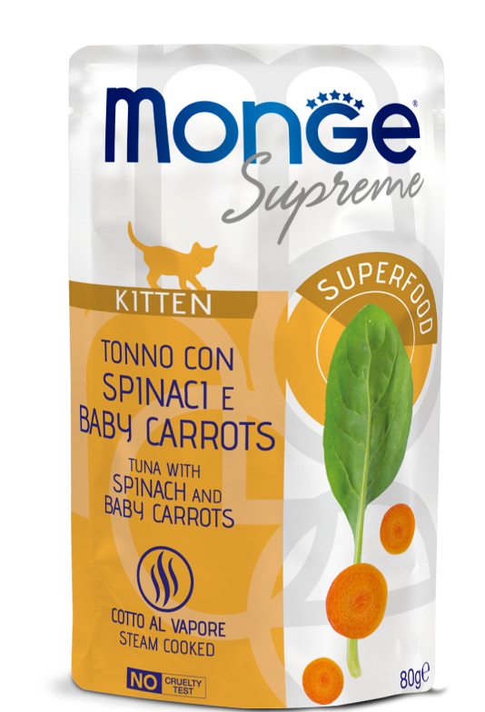 Влажный корм Monge Supreme kitten для котят из тунца со шпинатом и мини-морковью, паучи 80 г