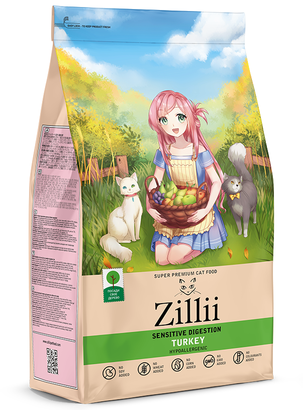 Корм ZILLII Sensitive Digestion Сухой корм для взрослых кошек с чувствительным пищеварением Индейка