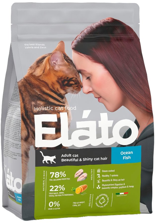 Корм Elato Holistic (беззерновой) для кошек, для блестящей шерсти, с рыбой