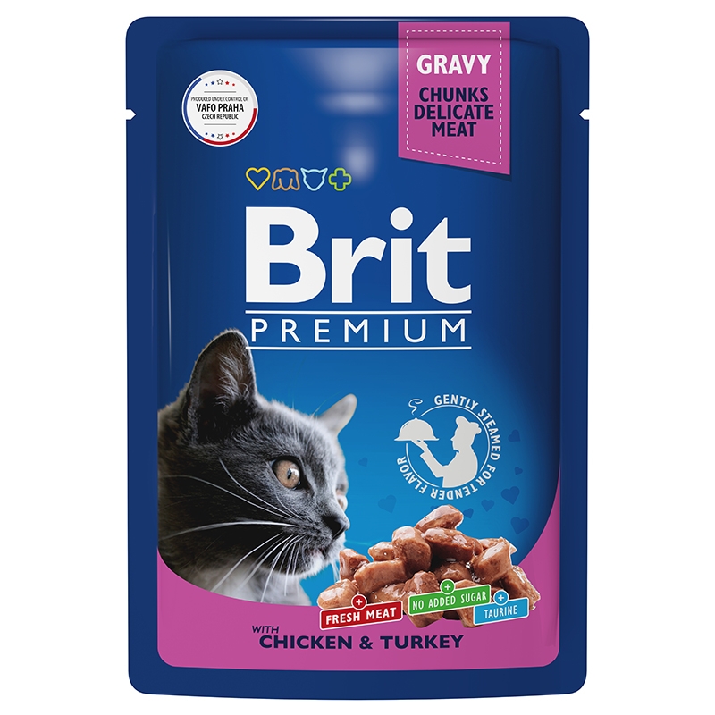 Brit Premium Пауч для взрослых кошек цыпленок и индейка в соусе 85 г