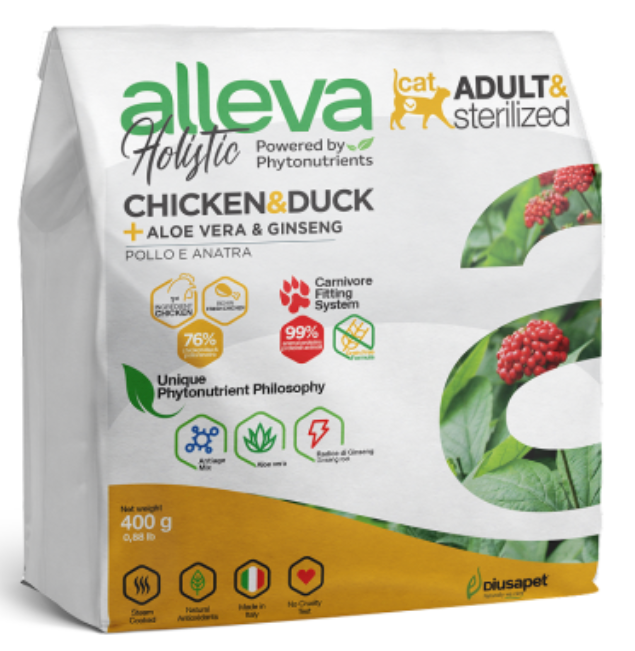 Корм Alleva Holistic Cat Adult Chicken & Duck для кошек, курица, утка, алоэ вера и женьшень