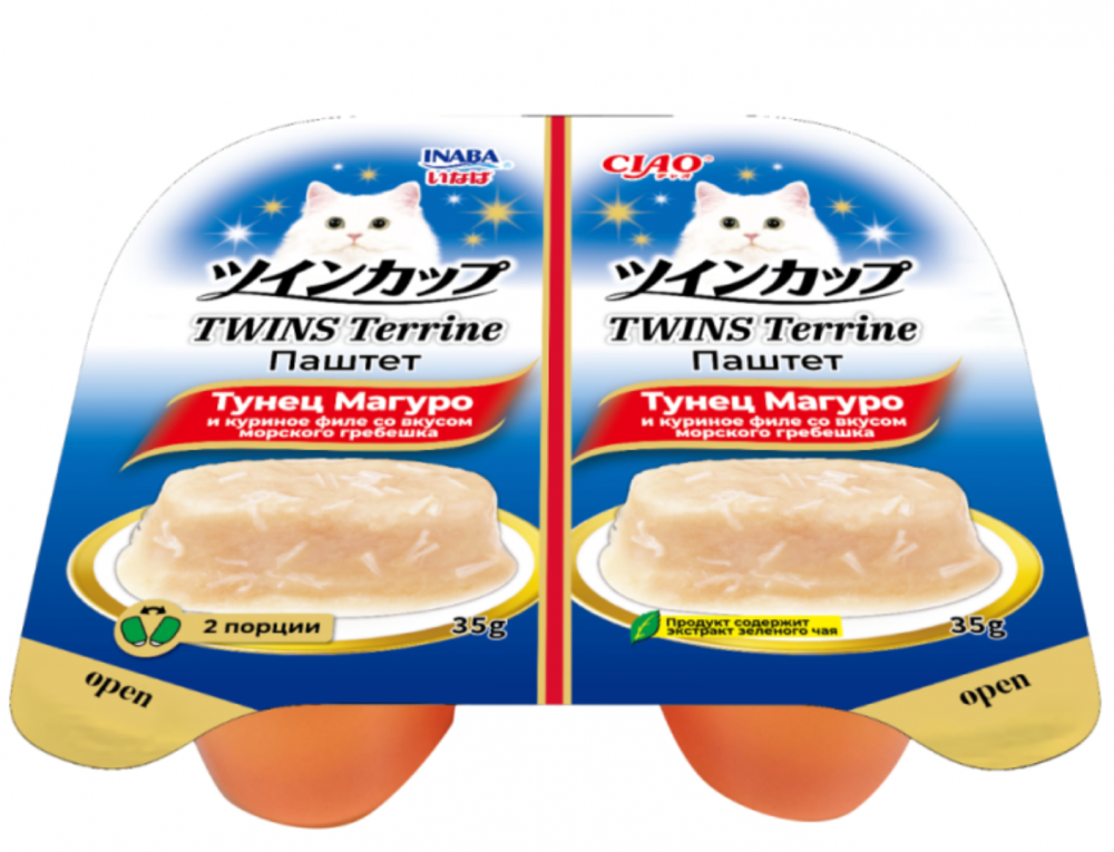 Влажный корм CIAO TWINS Terrine Паштет для кошек тунец Магуро и куриное филе со вкусом морского гребешка, 70г (35г х 2шт), Инаба