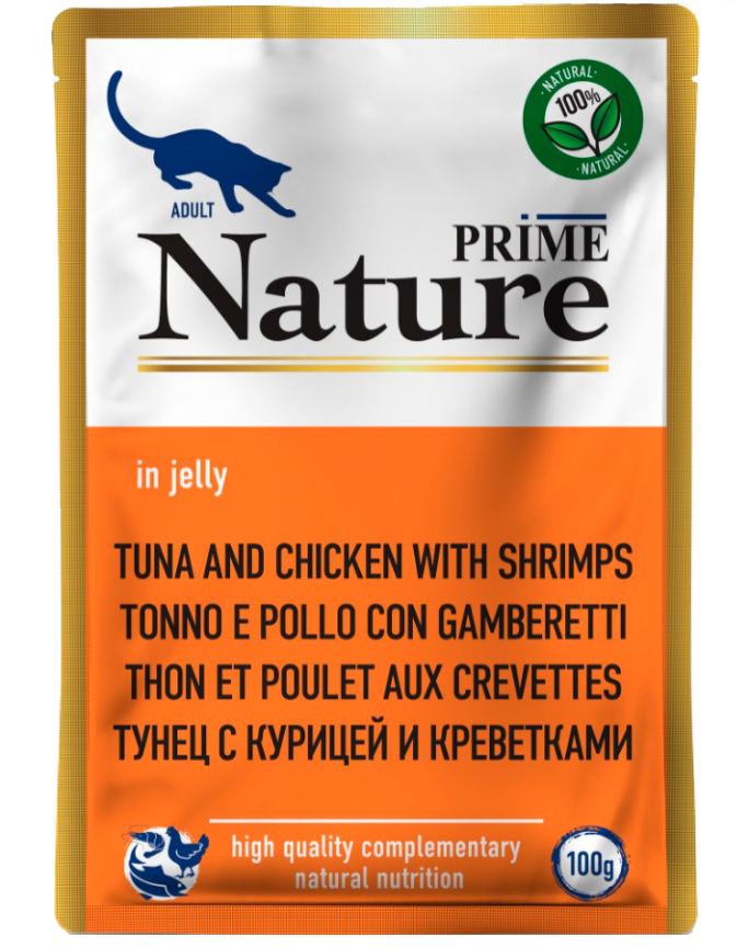 Корм Prime Nature (в желе) для кошек, тунец и курица,креветка 100 г