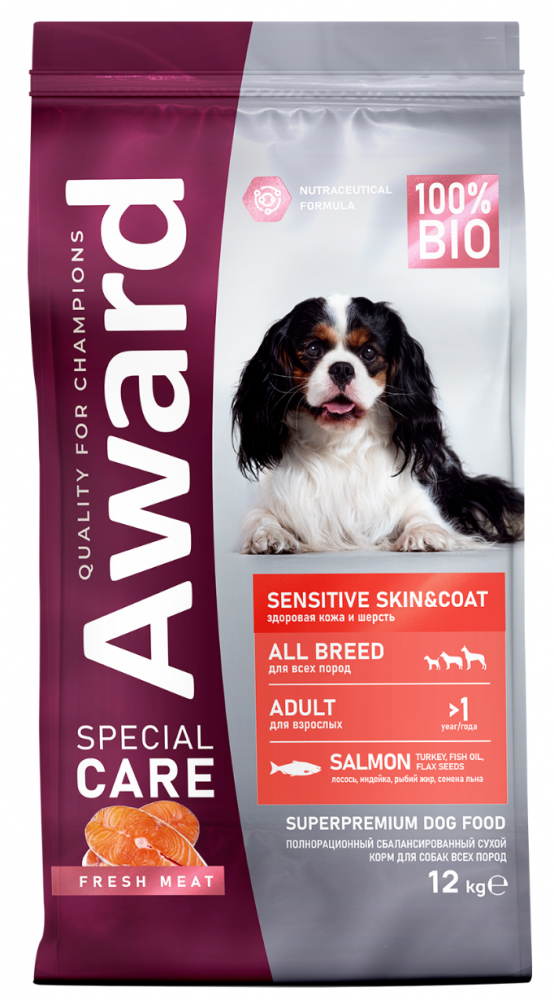 Сухой корм AWARD SPECIAL CARE Sensitive Skin&Coat для взрослых собак всех пород для здоровой кожи и шерсти со свежим лососем
