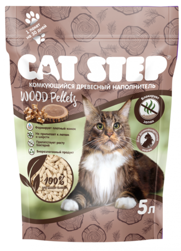 Наполнитель комкующийся растительный CAT STEP Wood Pellets 5 л