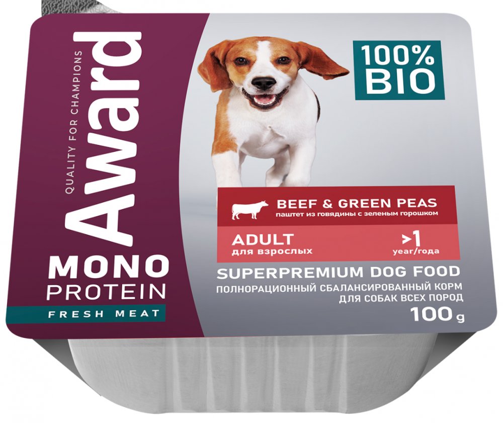 Влажный корм AWARD Monoprotein для взрослых собак паштет из говядины с зеленым горошком 100 г