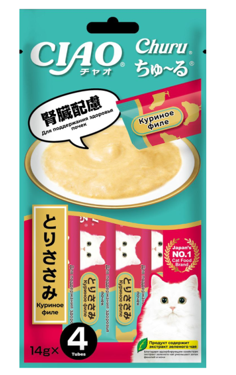 Лакомство INABA пюре д/кошек Churu Кур. филе д/поддержания здоровья почек 14*4шт Инаба