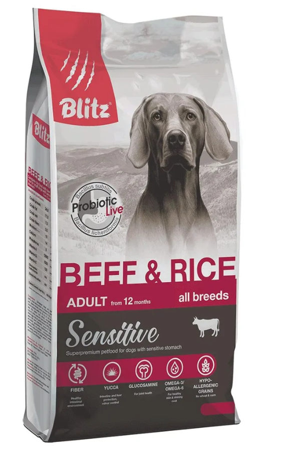 Корм Blitz Sensitive Beef & Rice для собак с чувствительным пищеварением, говядина и рис