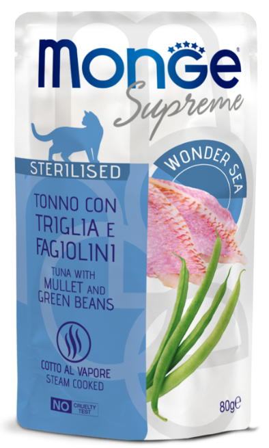 Влажный корм Monge Supreme sterilized cat для стерилизованных кошек с кефалью и зелёной фасолью, паучи 80 г