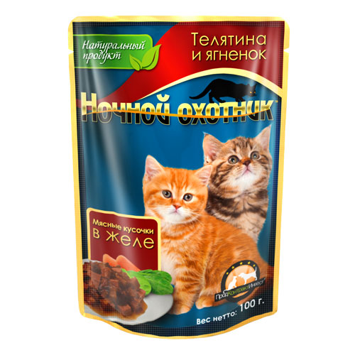 Ночной охотник / Паучи для Котят Телятина и индейка кусочки в желе 100 г