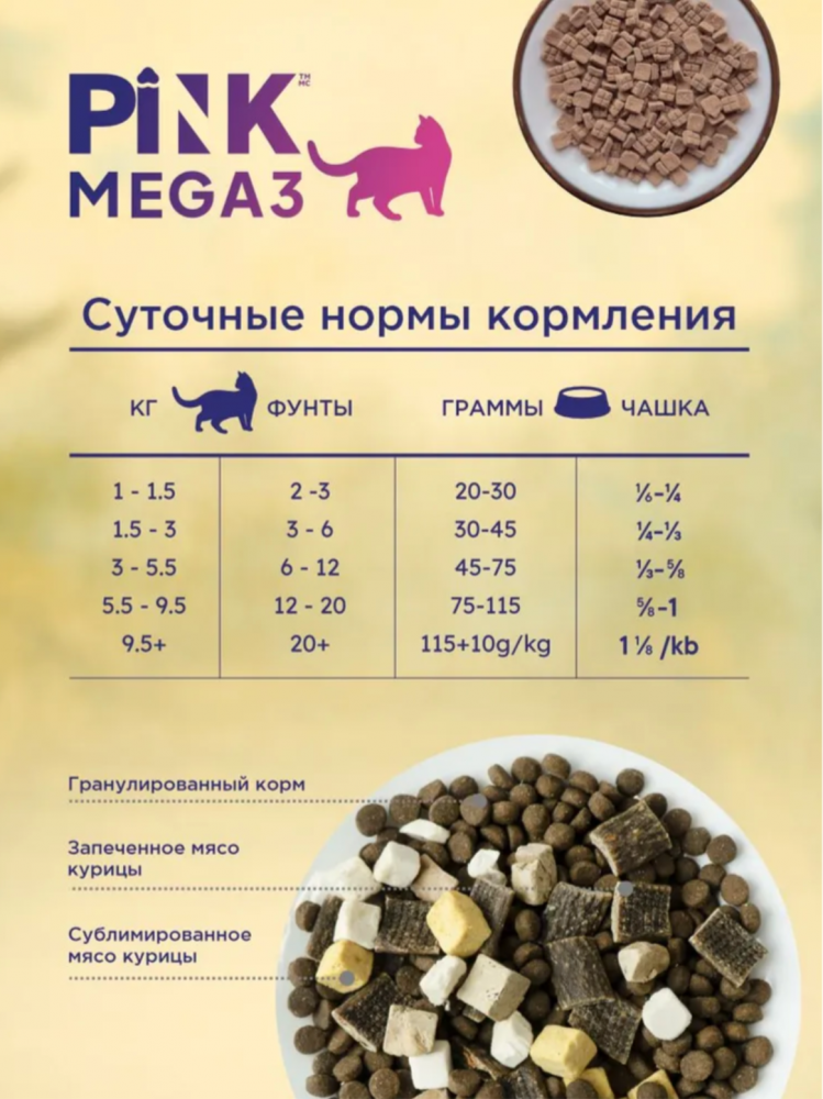 Корм PINK MEGA 3 БЕЗЗЕРНОВ Курица с лососем, 3 гранулы 1,5 кг для кошек