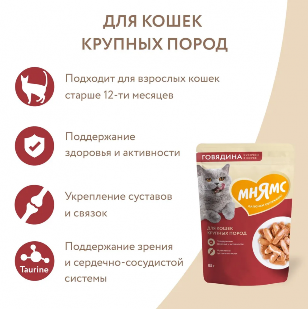 Влажный корм Мнямс Кусочки в соусе с телятиной для активных кошек 85г