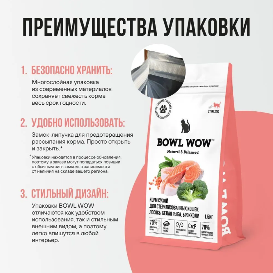 Корм BOWL WOW для стерилизованных кошек с лососем, белой рыбой и брокколи
