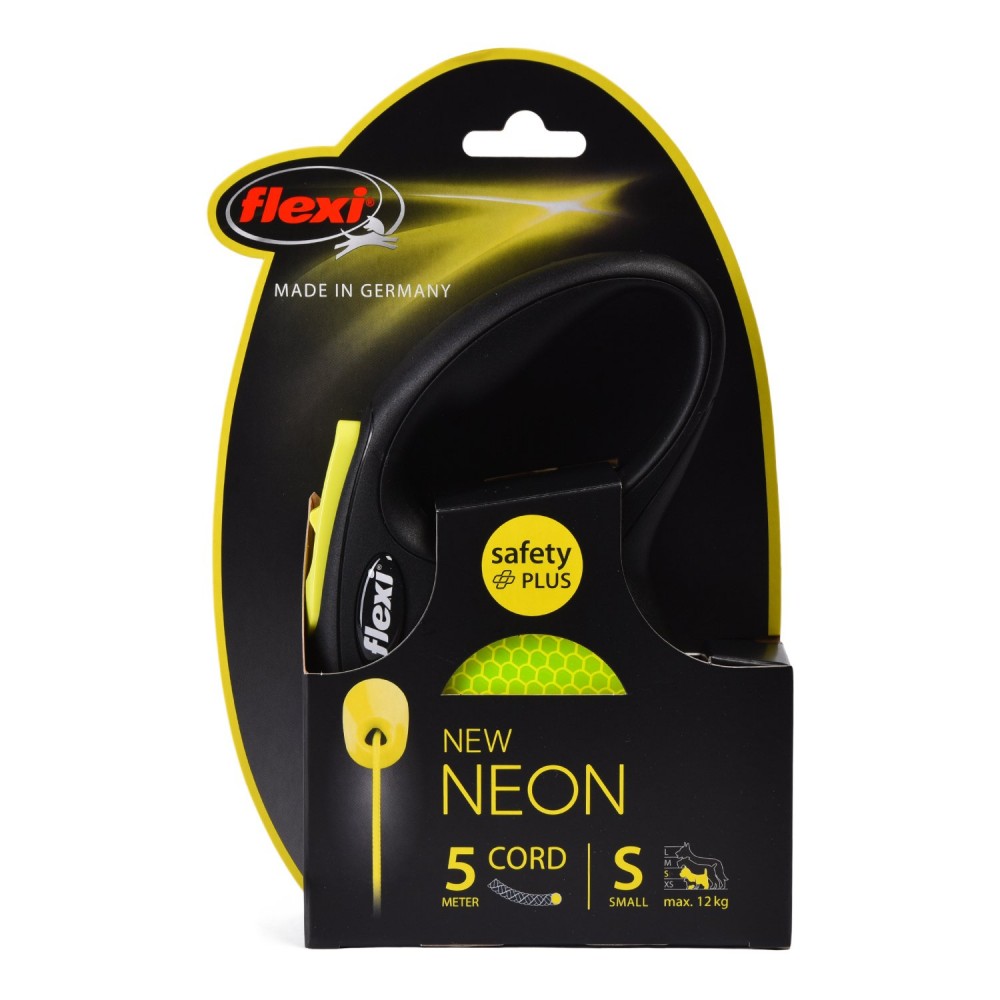 flexi рулетка Neon New S (до 12 кг) трос 5 м, светоотражающая, желтый неон