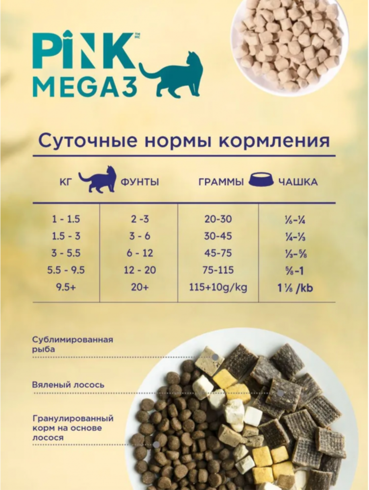 Корм PINK MEGA 3 Беззерновой Лосось с треской, 3 гранулы 1,5 кг для кошек